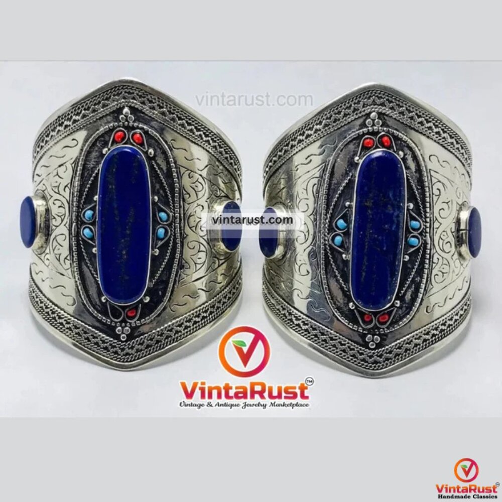 Single Kuchi Lapis Lazuli Cuff Bracelet: Vintage Tribal Boho Jewelry - Picture 6 of 13